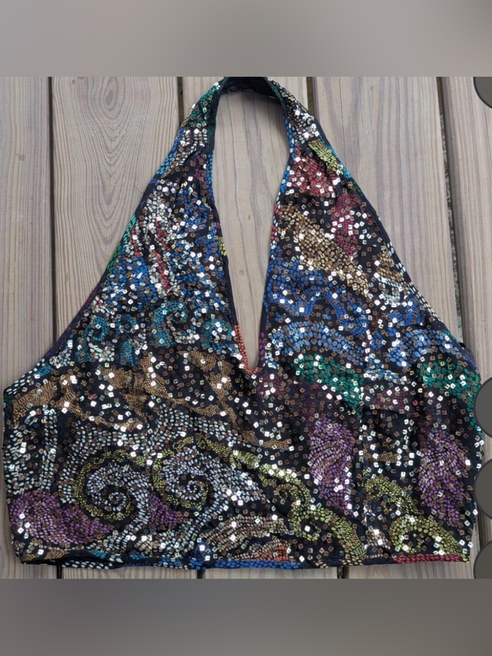 Anthropologie STUNNING Sequin Halter Top Black w/ Multi-Color Accents